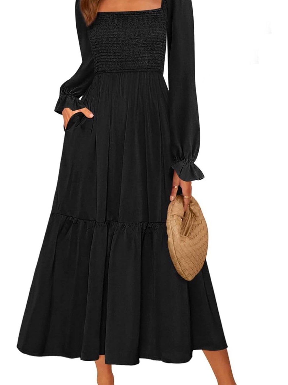 Amazon Black Long-Sleeve Smocked Bodice Maxi Dress